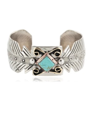 Nickel and Brass Navajo Handmade Certified Authentic Natural Turquoise Native American Bracelet 12995