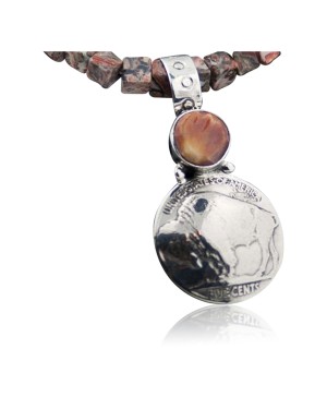 OLD Buffalo Coin Certified Authentic Handmade Navajo Native .925 Sterling Silver Spiny Oyster and Turquoise Native American Necklace 370826915742