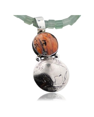 OLD Buffalo Coin Certified Authentic Handmade Navajo Native .925 Sterling Silver Spiny Oyster and Turquoise Native American Necklace 390590582551