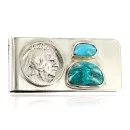 OLD Buffalo Coin Handmade by Ben Riggs Navajo .925 Sterling Silver Nickel and Turquoise Native American Money Clip 11242-2