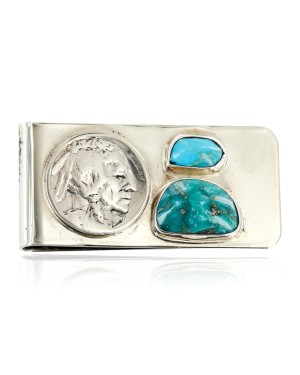 OLD Buffalo Coin Handmade Certified Authentic by Ben Riggs Navajo .925 Sterling Silver Nickel and Turquoise Native American Money Clip 11242-2
