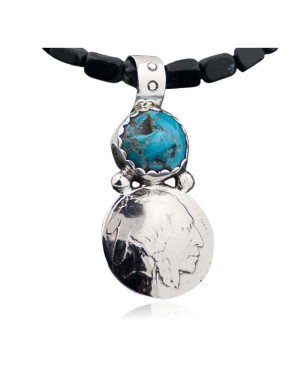 OLD Indian Head Buffalo Coin Certified Authentic Navajo .925 Sterling Silver Natural Turquoise and Black Onyx Native American Necklace 390587495461