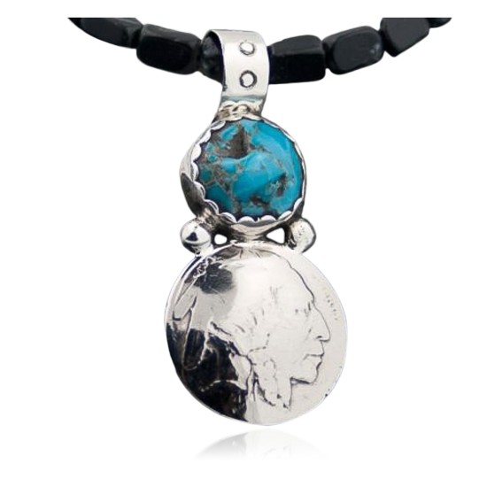 OLD Indian Head Buffalo Coin Certified Authentic Navajo .925 Sterling Silver Natural Turquoise and Black Onyx Native American Necklace 390587495461