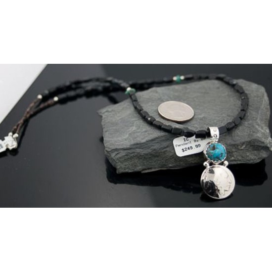 OLD Indian Head Buffalo Coin Certified Authentic Navajo .925 Sterling Silver Natural Turquoise and Black Onyx Native American Necklace 390587495461