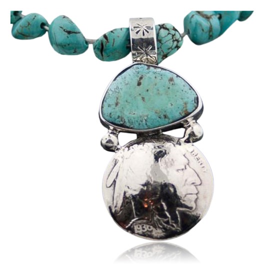 OLD Indian Head Coin Certified Authentic Navajo Native .925 Sterling Silver Turquoise Native American Necklace 370800540418