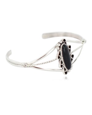 Oval Handmade Navajo Certified Authentic .925 Sterling Silver Natural Black Onyx Native American Bracelet 13108-3