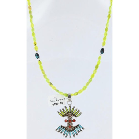 Petit Point Handmade Certified Authentic Zuni .925 Sterling Silver Gaspeite and Turquoise Native American Necklace 371032601533
