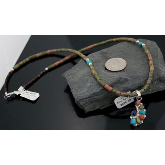 Petit Point Handmade Certified Authentic Zuni .925 Sterling Silver Multicolor and Turquoise Native American Necklace 370883660270