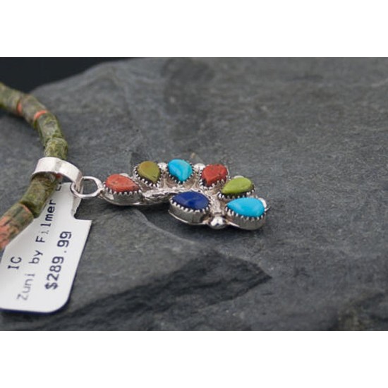 Petit Point Handmade Certified Authentic Zuni .925 Sterling Silver Multicolor and Turquoise Native American Necklace 370883660270