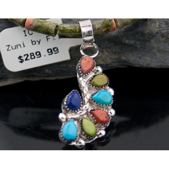 Petit Point Handmade Certified Authentic Zuni .925 Sterling Silver Multicolor and Turquoise Native American Necklace 370883660270