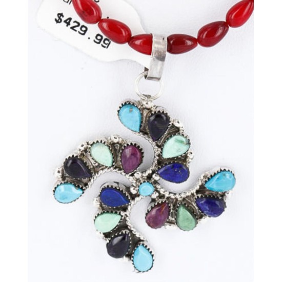 Petit Point Handmade Certified Authentic Zuni .925 Sterling Silver MULTICOLOR and Turquoise Native American Necklace 371016914571