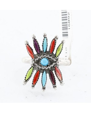 Petit Point Handmade Certified Authentic Zuni .925 Sterling Silver Multicolor and Turquoise Native American Ring  390823424169