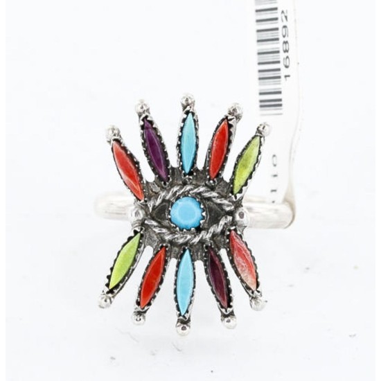 Petit Point Handmade Certified Authentic Zuni .925 Sterling Silver Multicolor and Turquoise Native American Ring  390823424169