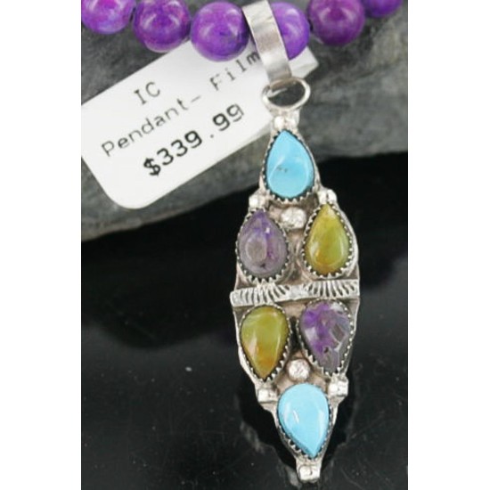 Petit Point Handmade Certified Authentic Zuni .925 Sterling Silver MultiColor Stone and Turquoise Native American Necklace 390670221207