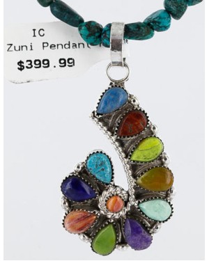Petit Point Handmade Certified Authentic Zuni .925 Sterling Silver Multicolor Stones and Turquoise Native American Necklace 371007452316