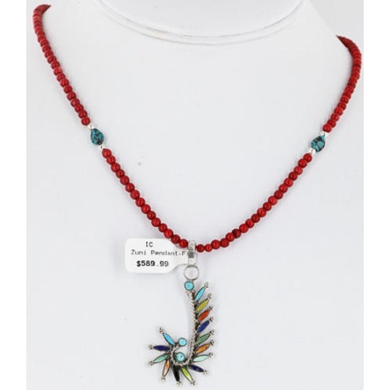 Petit Point Handmade Certified Authentic Zuni .925 Sterling Silver Multicolor Stones and Turquoise Native American Necklace 371058569934
