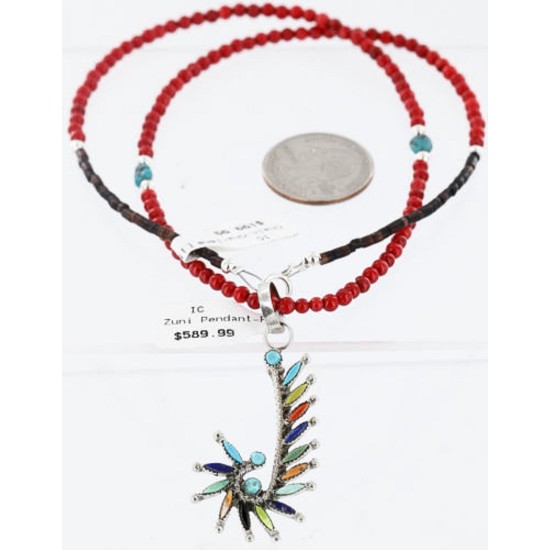 Petit Point Handmade Certified Authentic Zuni .925 Sterling Silver Multicolor Stones and Turquoise Native American Necklace 371058569934