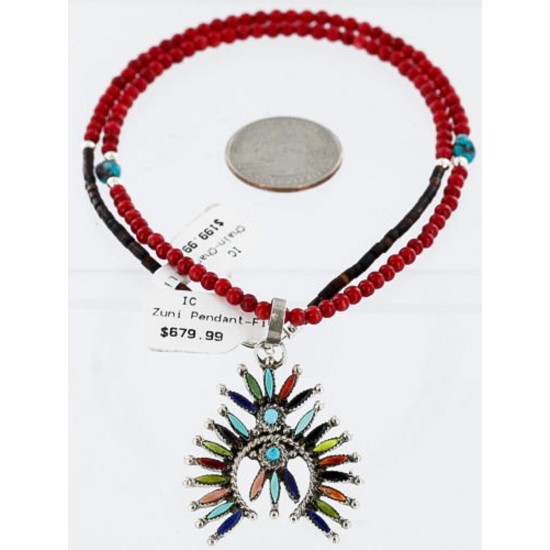 Petit Point Handmade Certified Authentic Zuni .925 Sterling Silver Multicolor Stones and Turquoise Native American Necklace 371059544884