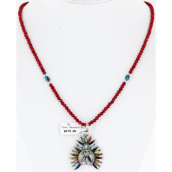Petit Point Handmade Certified Authentic Zuni .925 Sterling Silver Multicolor Stones and Turquoise Native American Necklace 371059544884