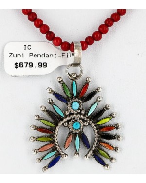 Petit Point Handmade Certified Authentic Zuni .925 Sterling Silver Multicolor Stones and Turquoise Native American Necklace 371059544884