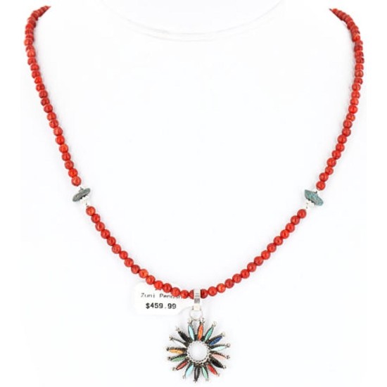 Petit Point Handmade Certified Authentic Zuni .925 Sterling Silver Multicolor Stones and Turquoise Native American Necklace 371068525145