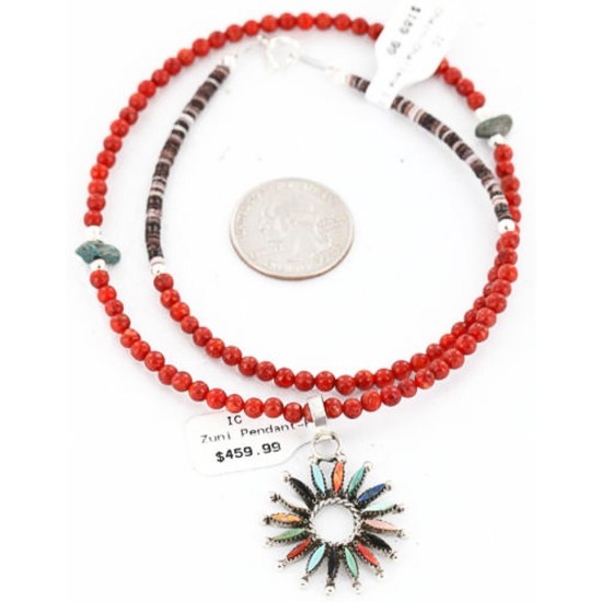 Petit Point Handmade Certified Authentic Zuni .925 Sterling Silver Multicolor Stones and Turquoise Native American Necklace 371068525145