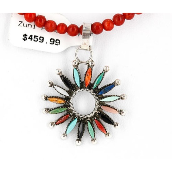 Petit Point Handmade Certified Authentic Zuni .925 Sterling Silver Multicolor Stones and Turquoise Native American Necklace 371068525145