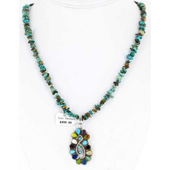 Petit Point Handmade Certified Authentic Zuni .925 Sterling Silver Multicolor Stones and Turquoise Native American Necklace 371073328751