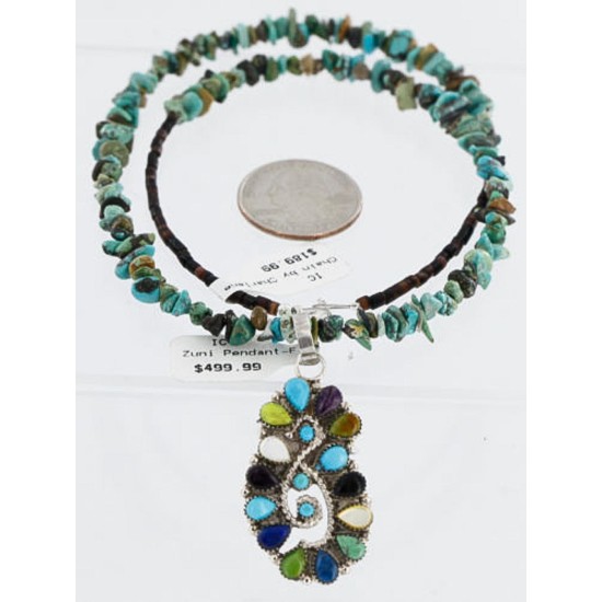 Petit Point Handmade Certified Authentic Zuni .925 Sterling Silver Multicolor Stones and Turquoise Native American Necklace 371073328751