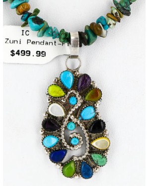 Petit Point Handmade Certified Authentic Zuni .925 Sterling Silver Multicolor Stones and Turquoise Native American Necklace 371073328751