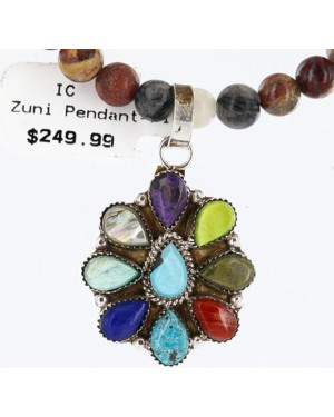 Petit Point Handmade Certified Authentic Zuni .925 Sterling Silver Multicolor Stones and Turquoise Native American Necklace 390725686147