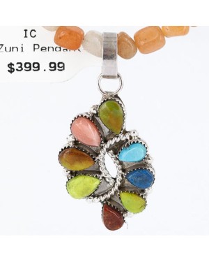 Petit Point Handmade Certified Authentic Zuni .925 Sterling Silver Multicolor Stones and Turquoise Native American Necklace 390803790800