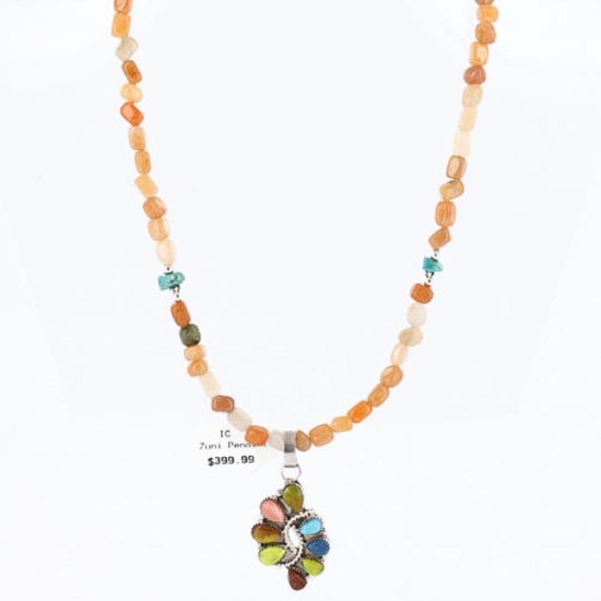 Petit Point Handmade Certified Authentic Zuni .925 Sterling Silver Multicolor Stones and Turquoise Native American Necklace 390803790800