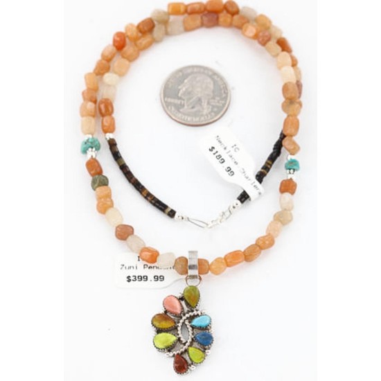 Petit Point Handmade Certified Authentic Zuni .925 Sterling Silver Multicolor Stones and Turquoise Native American Necklace 390803790800