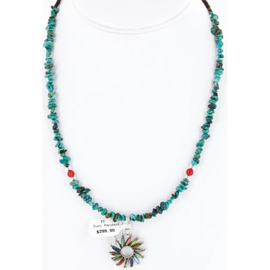 Petit Point Handmade Certified Authentic Zuni .925 Sterling Silver Multicolor Stones and Turquoise Native American Necklace 390824612732