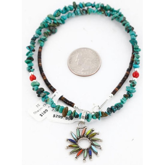 Petit Point Handmade Certified Authentic Zuni .925 Sterling Silver Multicolor Stones and Turquoise Native American Necklace 390824612732