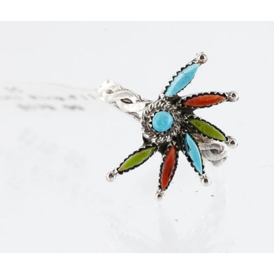 Petit Point Handmade Certified Authentic Zuni .925 Sterling Silver Multicolor Stones and Turquoise Native American Ring  371008009645
