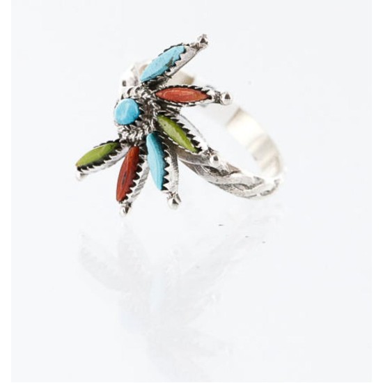 Petit Point Handmade Certified Authentic Zuni .925 Sterling Silver Multicolor Stones and Turquoise Native American Ring  371008009645