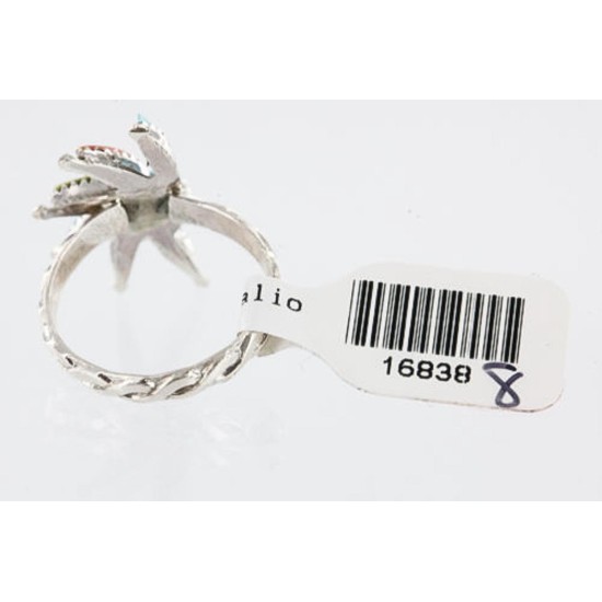 Petit Point Handmade Certified Authentic Zuni .925 Sterling Silver Multicolor Stones and Turquoise Native American Ring  371008009645