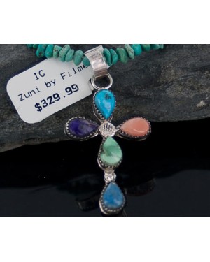 Petit Point Handmade Certified Authentic Zuni .925 Sterling Silver Multicolor Stones Native American Necklace 390675028354