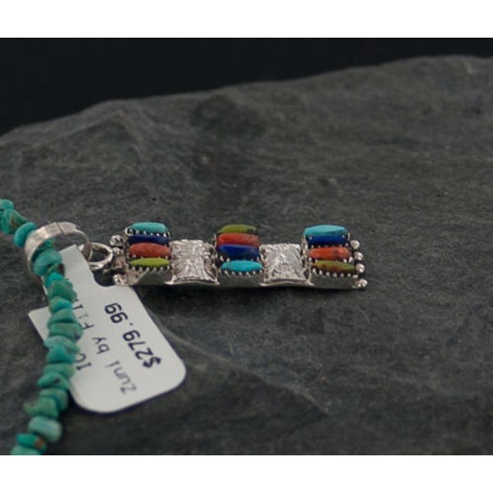 Petit Point Handmade Certified Authentic Zuni .925 Sterling Silver Multicolor Stones Turquoise Native American Necklace 390651280867