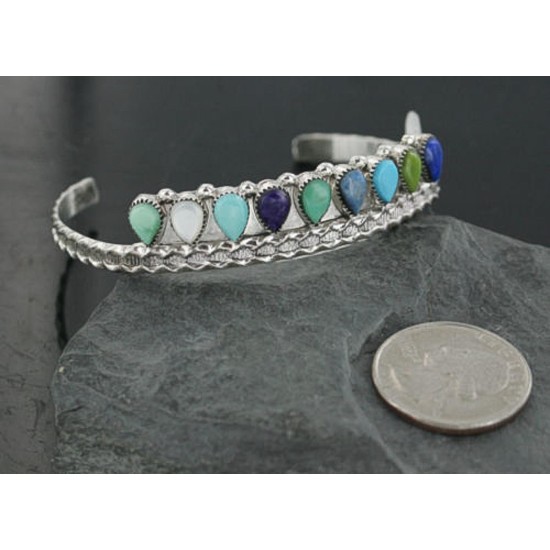 Petit Point Handmade Certified Authentic Zuni .925 Sterling Silver Multicolor Turquoise Native American Bracelet 390729010413