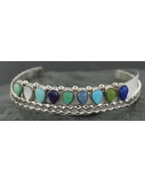 Petit Point Handmade Certified Authentic Zuni .925 Sterling Silver Multicolor Turquoise Native American Bracelet 390729010413