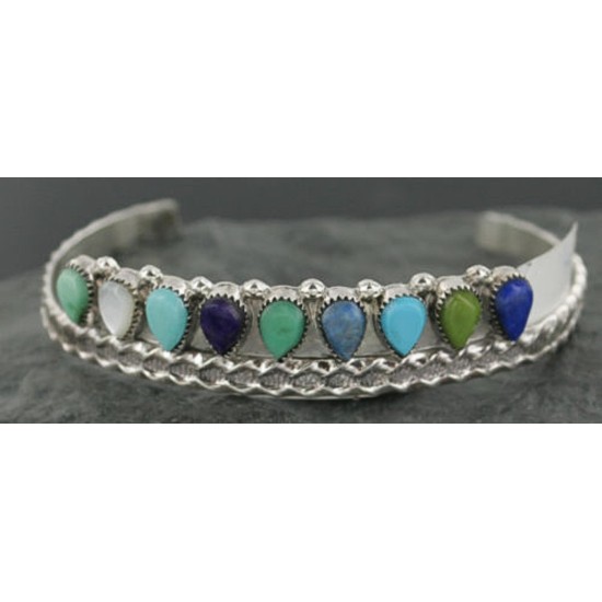Petit Point Handmade Certified Authentic Zuni .925 Sterling Silver Multicolor Turquoise Native American Bracelet 390729010413