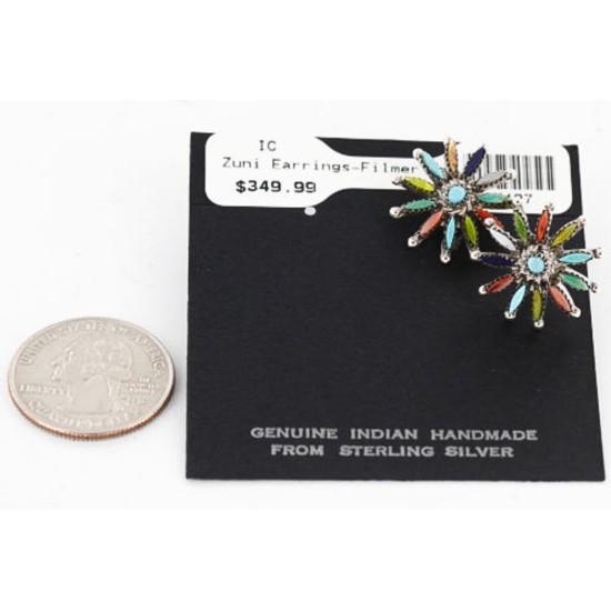 Petit Point Handmade Certified Authentic Zuni .925 Sterling Silver Multicolor Turquoise Native American Earrings 390824590007