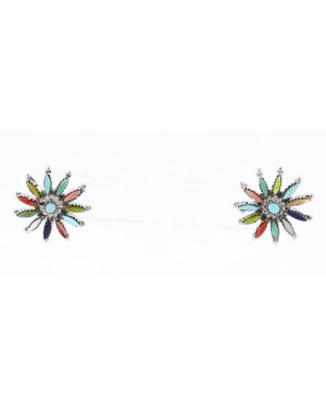 Petit Point Handmade Certified Authentic Zuni .925 Sterling Silver Multicolor Turquoise Native American Earrings 390824590007
