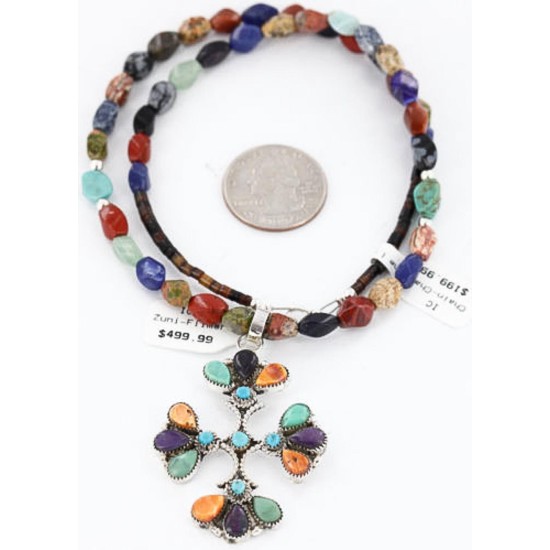 Petit Point Handmade Certified Authentic Zuni .925 Sterling Silver Multicolor Turquoise Native American Necklace 371015158046