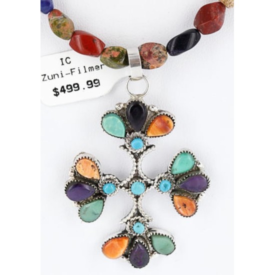 Petit Point Handmade Certified Authentic Zuni .925 Sterling Silver Multicolor Turquoise Native American Necklace 371015158046