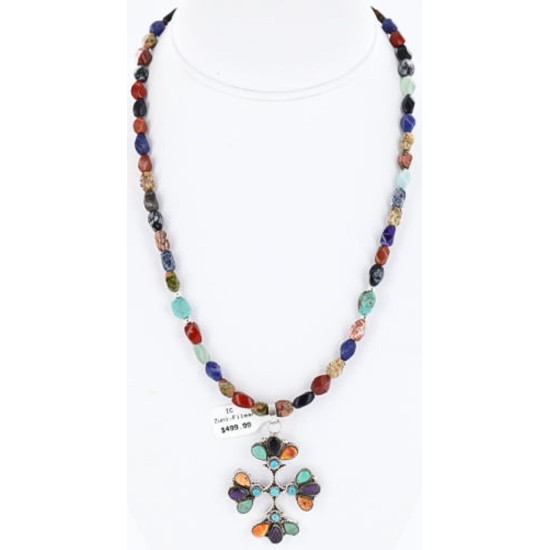Petit Point Handmade Certified Authentic Zuni .925 Sterling Silver Multicolor Turquoise Native American Necklace 371015158046