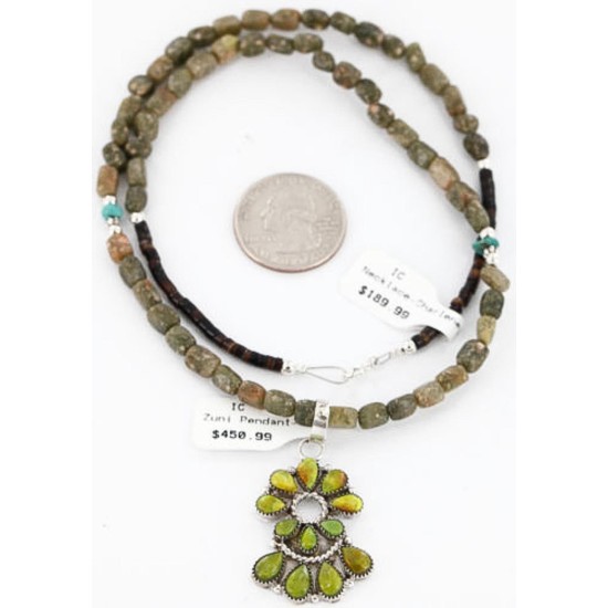 Petit Point Handmade Certified Authentic Zuni .925 Sterling Silver Natural Gaspeite Native American Necklace 390805452198